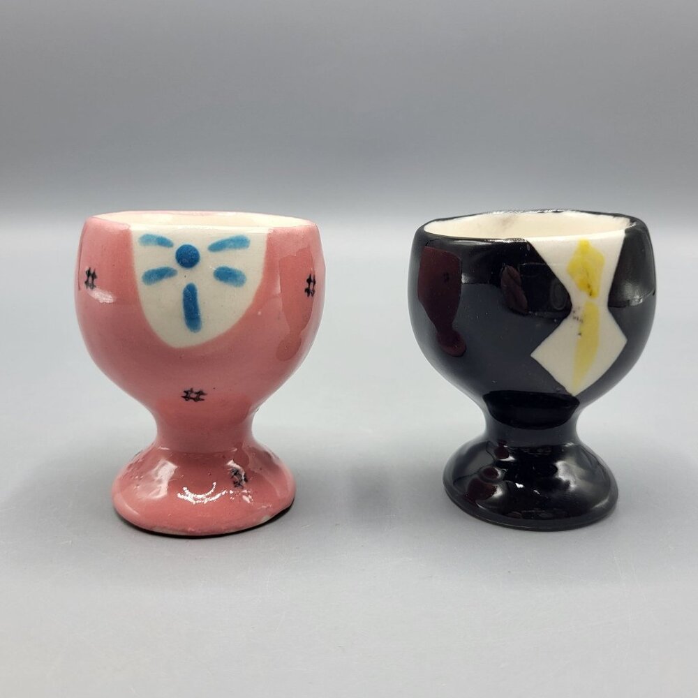 Vintage Victoria Ceramics Japan Pink & Black Egg Cups Set Of 2